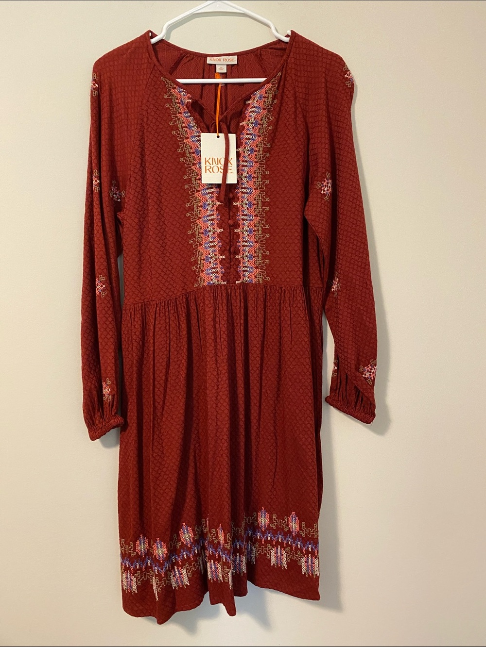 Knox Rose Burnt Orange Embroidered Long-Sleeve Boho Dress